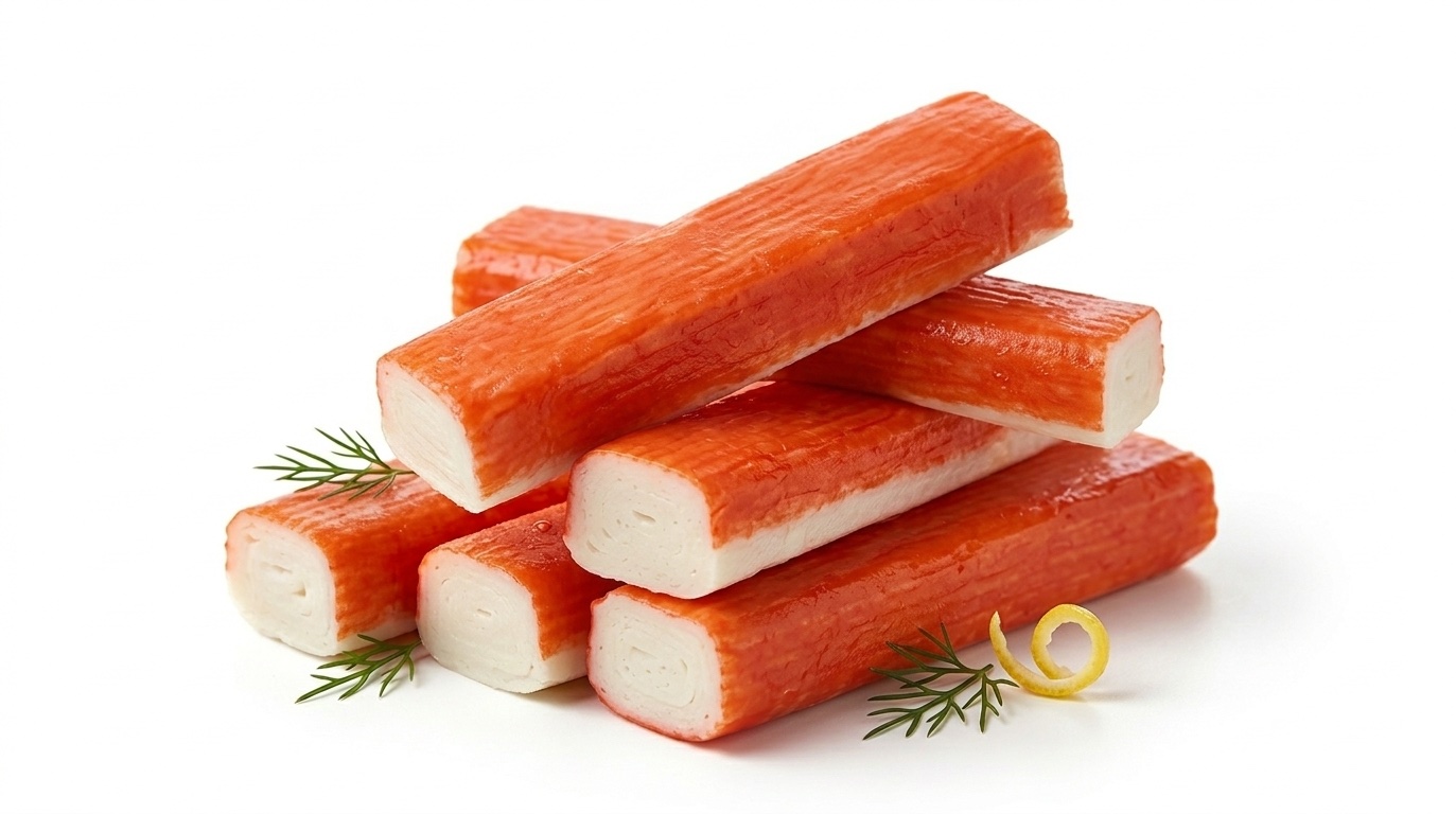 Close-up of surimi crab sticks with a vibrant orange-red outer layer colored with BioconColors natural colorants for fish.
