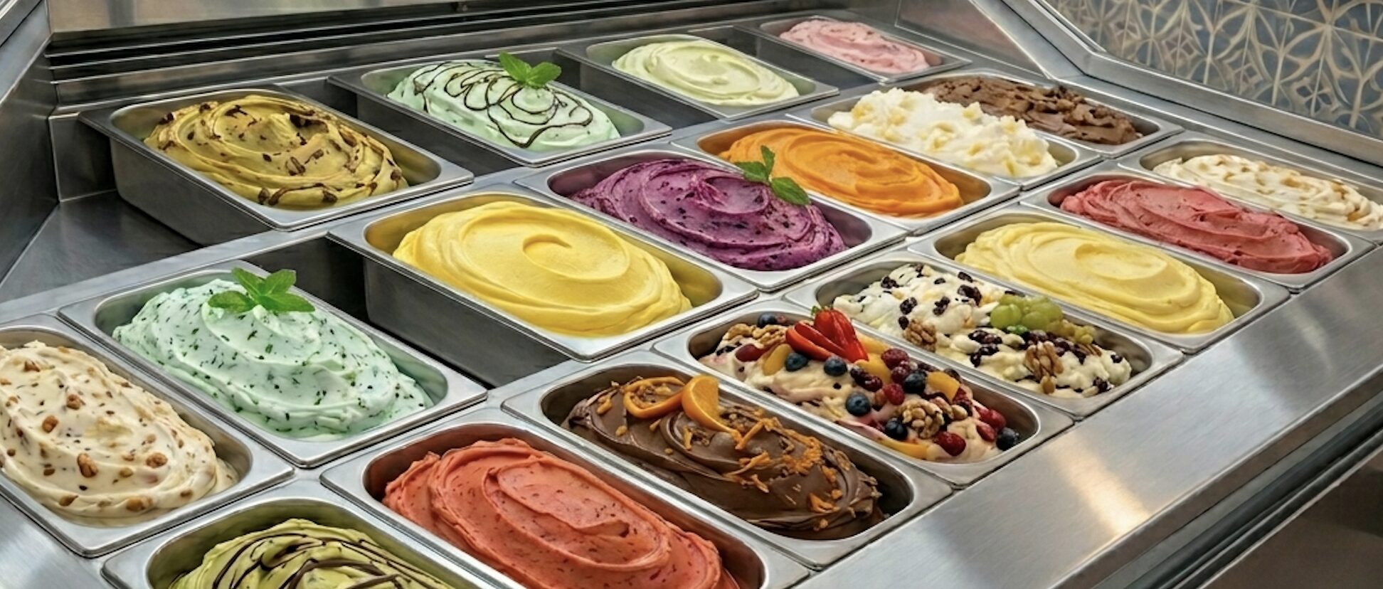 Multiple scoops of gourmet ice cream in vibrant colors including yellow (Annatto), pink (Beetroot), and purple (Anthocyanin), showcasing BioconColors natural colorant solutions for frozen desserts.